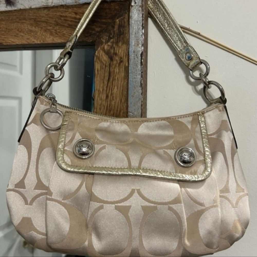 Coach Gold and Tan Shoulder Bag with the Signature C Pattern